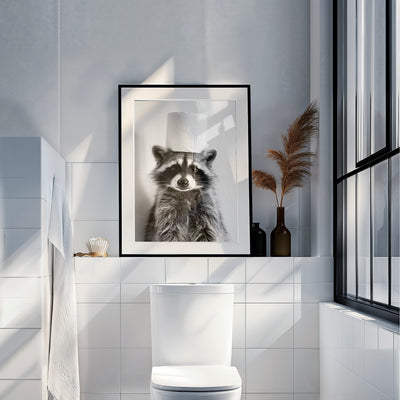 Geschenk Hauskauf Badezimmer Poster Waschbär mit Klopapierrolle auf dem Kopf Deko Gäste WC Badezimmer Bilder Waschbär Einweihungsgeschenk