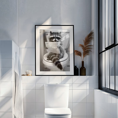 Waschbär auf Toilette liest Zeitung Badezimmer Poster Tiere Gäste WC Deko Waschbär auf Klo Badezimmer Bilder lustig